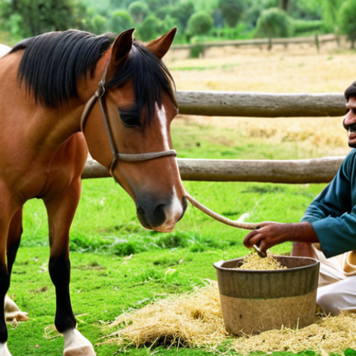 Home 11 **Image Prompt:** A picturesque Pakistani farm scene featuring a healthy, well-groomed Arabian horse in a lush green pasture. A strong wooden fence surrounds the area. The horse is eating high-quality hay from a clean feeder. In the background, a farmer is smiling while caring for another horse. Focus on showcasing the horse's beauty and the idyllic farm environment.