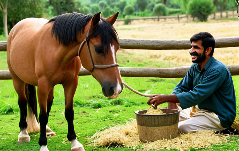 **Image Prompt:** A picturesque Pakistani farm scene featuring a healthy, well-groomed Arabian horse in a lush green pasture. A strong wooden fence surrounds the area. The horse is eating high-quality hay from a clean feeder. In the background, a farmer is smiling while caring for another horse. Focus on showcasing the horse's beauty and the idyllic farm environment.