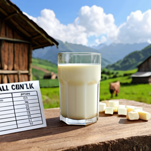 Home 6 **Prompt:** A glass of creamy goat milk next to a nutritional information chart, highlighting vitamins, minerals, and protein content. Rural village scene in the background suggesting natural source.