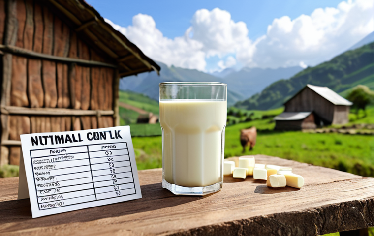 **Prompt:** A glass of creamy goat milk next to a nutritional information chart, highlighting vitamins, minerals, and protein content. Rural village scene in the background suggesting natural source.