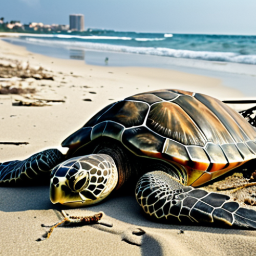 Home 25 **
A polluted beach scene with plastic waste scattered around. A sea turtle is entangled in a fishing net. In the background, coastal development encroaches upon the natural habitat. The overall mood is somber and emphasizes the threats to turtle survival.
**