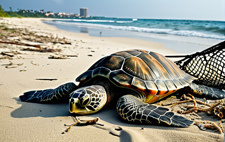 **
A polluted beach scene with plastic waste scattered around. A sea turtle is entangled in a fishing net. In the background, coastal development encroaches upon the natural habitat. The overall mood is somber and emphasizes the threats to turtle survival.
**
