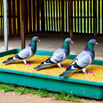 A group of healthy, well-fed pigeons actively eating from clean, designated feeding troughs in a bright, meticulously maintained pigeon coop. The troughs are filled with a diverse selection of locally sourced grains including jowar, bajra, wheat, and maize, highlighting a natural, cost-effective, and balanced diet. The scene emphasizes responsible animal husbandry and a clean, professional environment for the birds.
    safe for work, appropriate content, fully clothed, professional, family-friendly, perfect anatomy, correct proportions, natural pose, high quality, professional photography.