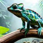 A healthy, vibrant chameleon with smooth, clear skin, perched gracefully on a sturdy branch within a pristine, naturalistic reptile enclosure. The enclosure features lush, appropriate tropical foliage, well-placed rocks, and a subtle, fine mist diffusing softly in the background from a modern, quiet fogger, creating an optimal, humid environment. The lighting is soft and natural, highlighting the reptile's well-formed features. perfect anatomy, correct proportions, natural pose, high-quality professional photography, detailed, realistic, vivid colors, safe for work, appropriate content, fully clothed, family-friendly.
