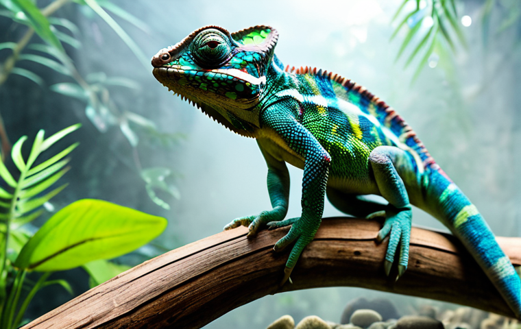 A healthy, vibrant chameleon with smooth, clear skin, perched gracefully on a sturdy branch within a pristine, naturalistic reptile enclosure. The enclosure features lush, appropriate tropical foliage, well-placed rocks, and a subtle, fine mist diffusing softly in the background from a modern, quiet fogger, creating an optimal, humid environment. The lighting is soft and natural, highlighting the reptile's well-formed features. perfect anatomy, correct proportions, natural pose, high-quality professional photography, detailed, realistic, vivid colors, safe for work, appropriate content, fully clothed, family-friendly.