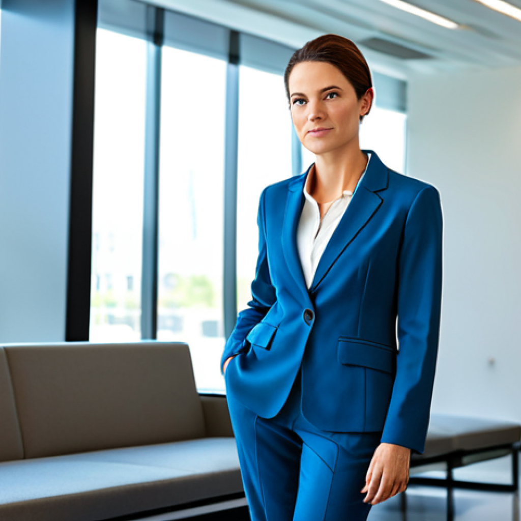 Business Professional**
"A confident businesswoman in a tailored, fully clothed professional pantsuit, standing in a bright, modern office lobby with large windows, appropriate attire, safe for work, perfect anatomy, natural pose, professional photography, high quality, family-friendly."
**